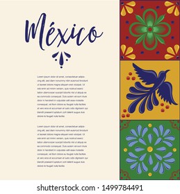 Mexican Traditional Talavera Style Tiles from Puebla; México – Copy Space Floral Composition with Birds