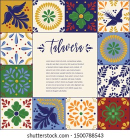 Mexican Traditional Talavera Style Tiles from Puebla; México – Copy Space Floral Composition with Birds