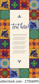 Mexican Traditional Talavera Style Tiles from Puebla; México - Copy Space Floral Composition with Birds
