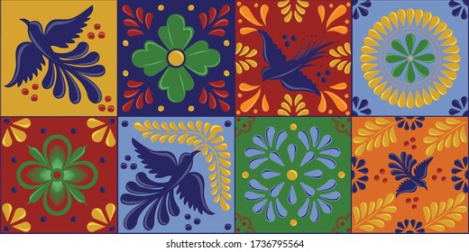 Mexican Traditional Talavera Style Tiles from Puebla; México - Floral Composition with Birds