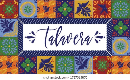 Mexican Traditional Talavera Style Tiles from Puebla; México – Copy Space Floral Composition with Birds