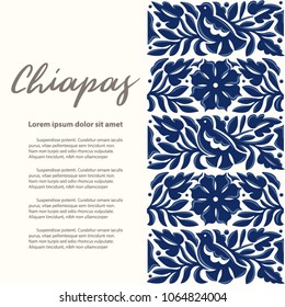 Mexican Traditional Textile Embroidery Style from South México – Copy Space Floral Composition with Birds in Blue
