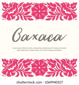 Mexican Traditional Textile Embroidery Style from Oaxaca; México – Copy Space Floral Composition with Birds in Pink