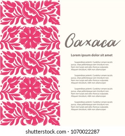 Mexican Traditional Textile Embroidery Style from Oaxaca; México – Copy Space Floral Composition with Birds in Pink
