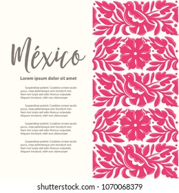 Mexican Traditional Textile Embroidery Style from Oaxaca; México – Copy Space Floral Composition with Birds in Pink