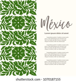 Mexican Traditional Textile Embroidery Style from Oaxaca; México – Copy Space Floral Composition with Birds in Green