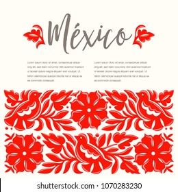 Mexican Traditional Textile Embroidery Style from Oaxaca; México – Copy Space Floral Composition with Birds in Red