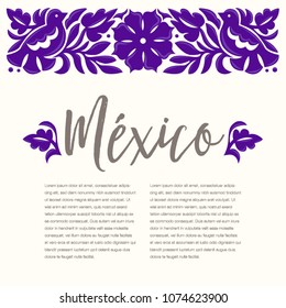 Mexican Traditional Textile Embroidery Style from Oaxaca; México – Copy Space Floral Composition with Birds in Purple