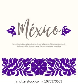 Mexican Traditional Textile Embroidery Style from Oaxaca; Mexico – Copy Space Floral Composition with Birds in Purple