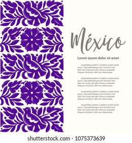 Mexican Traditional Textile Embroidery Style from Oaxaca; Mexico – Copy Space Floral Composition with Birds in Purple