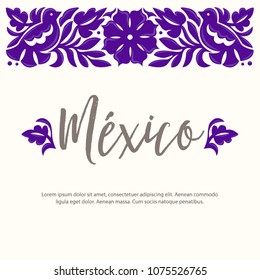 Mexican Traditional Textile Embroidery Style from Oaxaca; Mexico – Copy Space Floral Composition with Birds in Purple