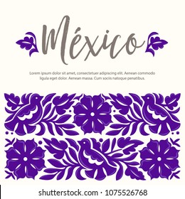 Mexican Traditional Textile Embroidery Style from Oaxaca; Mexico – Copy Space Floral Composition with Birds in Purple