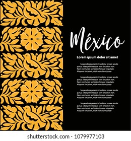 Mexican Traditional Textile Embroidery Style from Oaxaca; México – Copy Space Floral Composition with Birds in Yellow