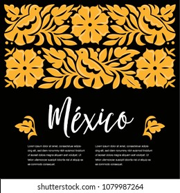 Mexican Traditional Textile Embroidery Style from Oaxaca; México – Copy Space Floral Composition with Birds in Yellow