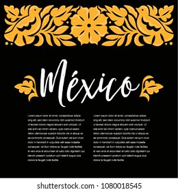 Mexican Traditional Textile Embroidery Style from Oaxaca; México – Copy Space Floral Composition with Birds in Yellow