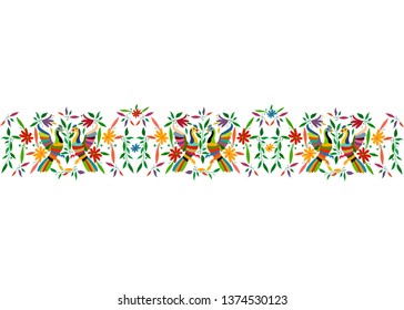 Mexican Traditional Textile Embroidery Style from Tenango City, Hidalgo, Mexico. Template Floral Composition with Birds, Peacock, colorful seamless frame composition isolated or white background