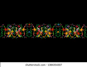 Mexican Traditional Textile Embroidery Style from Tenango City, Hidalgo, Mexico. Template Floral Composition with Birds, Peacock, colorful seamless frame composition isolated or black background