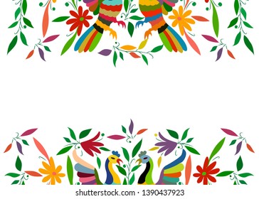 Mexican Traditional Textile Embroidery Style from Tenango City, Hidalgo, México. Copy Space Floral Composition with Birds, Peacock, colorful seamless frame composition isolated or white background