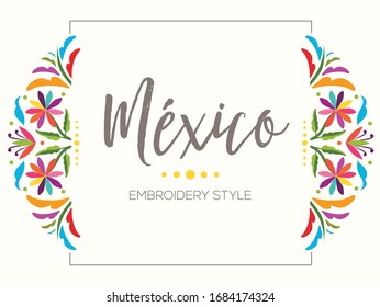 Mexican Traditional Textile Embroidery Style from Tenango, Hidalgo; México – Copy Space Floral Composition