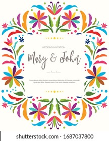 Mexican Traditional Textile Embroidery Style from Tenango, Hidalgo; México – Copy Space Floral Wedding Invitation