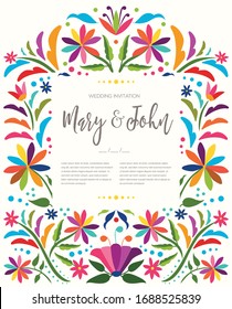 Mexican Traditional Textile Embroidery Style from Tenango, Hidalgo; México – Copy Space Floral Wedding Invitation