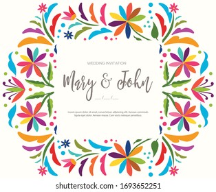 Mexican Traditional Textile Embroidery Style from Tenango, Hidalgo; México – Copy Space Floral Wedding Invitation