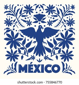 Mexican Traditional Textile Embroidery Style from Tenango, Hidalgo; México in Blue – Copy Space Floral Composition with a Bird