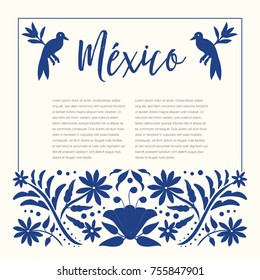 Mexican Traditional Textile Embroidery Style from Tenango, Hidalgo; México in Blue – Copy Space Floral Composition with Birds
