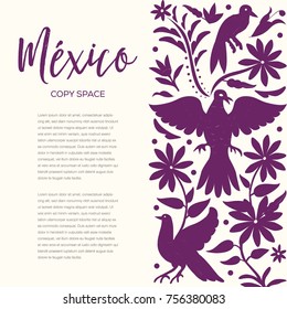 Mexican Traditional Textile Embroidery Style from Tenango, Hidalgo; México – Copy Space Floral Composition with Birds