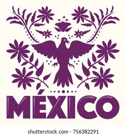 Mexican Traditional Textile Embroidery Style from Tenango, Hidalgo; México – Copy Space Floral Composition with a Bird