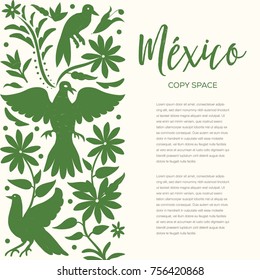 Mexican Traditional Textile Embroidery Style from Tenango, Hidalgo; México – Copy Space Floral Composition with Birds