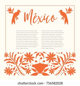 Mexican Traditional Textile Embroidery Style from Tenango, Hidalgo; México – Copy Space Floral Composition