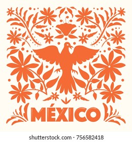 Mexican Traditional Textile Embroidery Style From Tenango, Hidalgo; México – Copy Space Floral Composition
