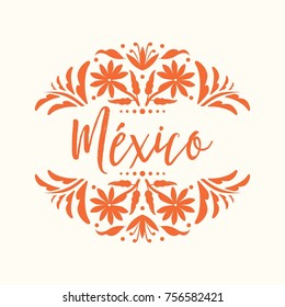 Mexican Traditional Textile Embroidery Style from Tenango, Hidalgo; México – Copy Space Floral Composition