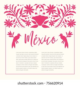 Mexican Traditional Textile Embroidery Style from Tenango, Hidalgo; México – Copy Space Floral Composition 