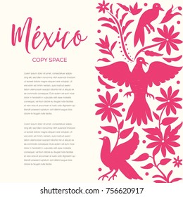 Mexican Traditional Textile Embroidery Style from Tenango, Hidalgo; México – Copy Space Floral Composition 