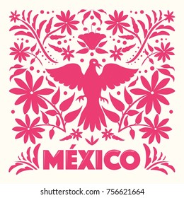 Mexican Traditional Textile Embroidery Style from Tenango, Hidalgo; México – Copy Space Floral Composition 