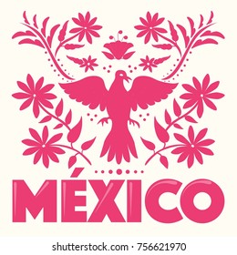 Mexican Traditional Textile Embroidery Style from Tenango, Hidalgo; México – Copy Space Floral Composition 