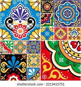 Mexican traditional tiles big collection, talavera vector seamless pattern perfect for wallaper, textile or fabric print. Retro home decor with flowers, swirls inspired by pottery and ceramic art from