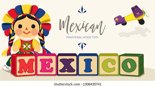 Mexican Traditional Wood Toys – Vector Illustration – Copy Space
