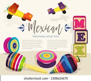 Mexican Traditional Wood Toys – Vector Illustration – Copy Space
