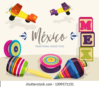 Mexican Traditional Wood Toys – Vector Illustration – Copy Space