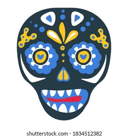 Mexican traditions on day of the dead, halloween celebration. Isolated skull with ornaments and decorative foliage and flora. Customs on carnival or festival in latin america, vector in flat