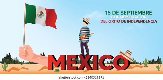 Mexican translation of the inscription: September 15 commemoration of the cry for independence Viva Mexico. Traditional Mexican phrase holiday, Mexican Man Holding guitar with Mexican flag