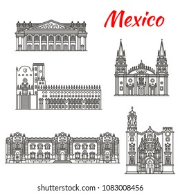 Mexican travel landmark of Guadalajara and Guanajuato tourist sights thin line icon set. La Valenciana Church, Degollado Theater and Guadalajara Cathedral, Government Palace and Guanajuato University