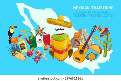 Mapa de viajes mexicano con cocina de Tex Mex, animales, flores e instrumentos musicales. Fiesta mexicana, cartel de cultura latinoamericana con poncho, sombrero y bandera nacional de México, pinata, marigold