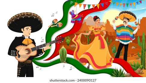 Mexican travel paper cut banner, with desert landscape, pinata and maracas, vector background. Woman dancer and mariachi musician characters in sombrero with guitar and maracas on fiesta in Mexico