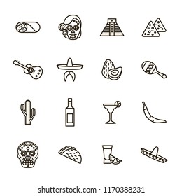 Mexican Travel and Tourism Signs Black Thin Line Icon Set Include of Cactus, Skull, Guitar, Maracas and Food. Vector illustration of Icons