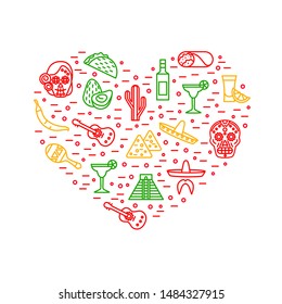 Mexican Travel and Tourism Signs Thin Line Heart Shape Design Template Include of Cactus, Skull, Guitar, Maracas and Food. Vector illustration of Icons