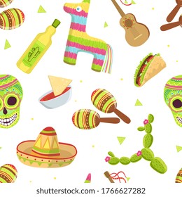 Mexican Travelling Symbols Seamless Pattern, Travel to Mexico Design Element Can Be Used for Fabric, Wallpaper, Packaging, Web Page Vector Illustration